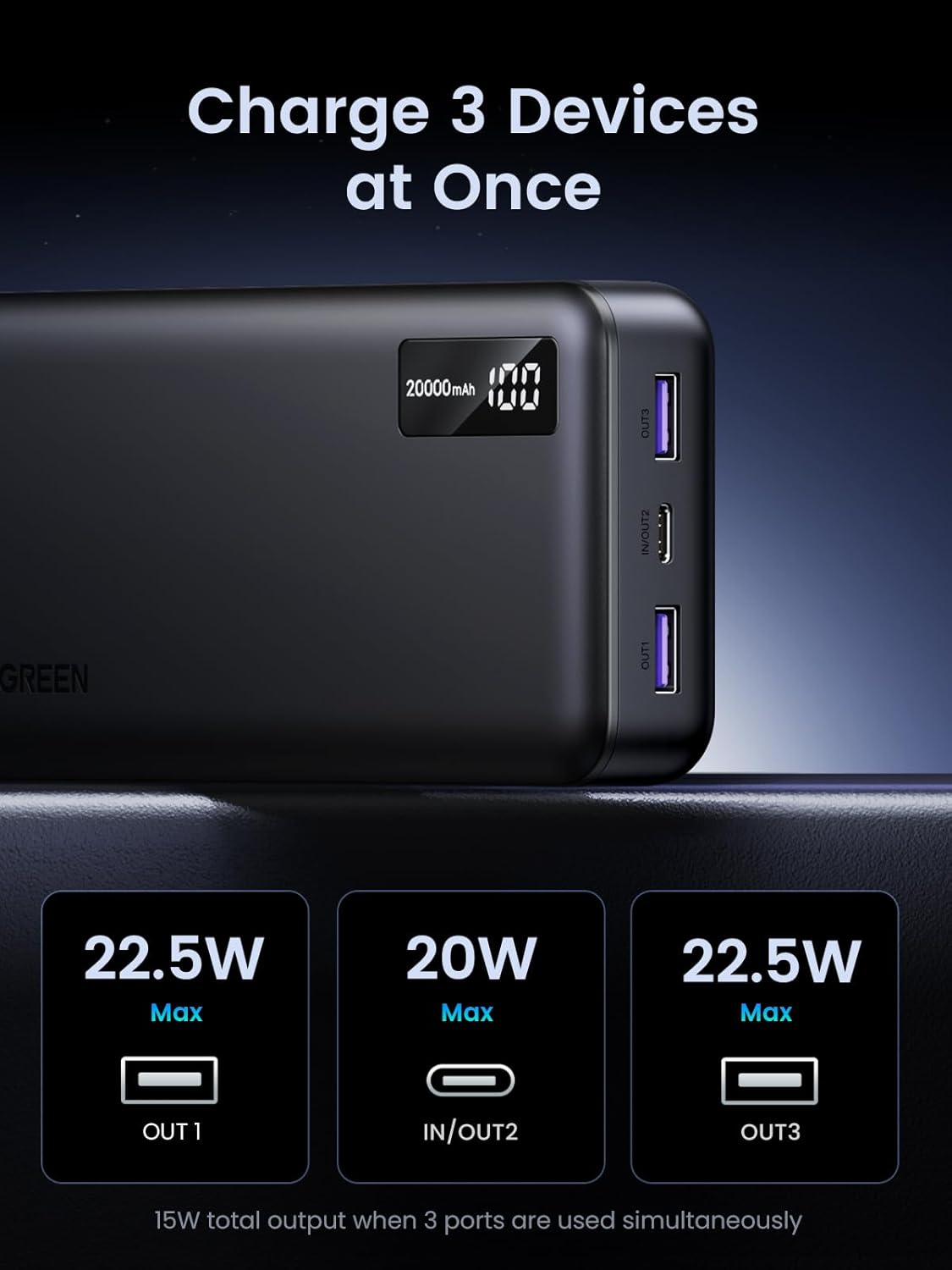 UGREEN Power Bank, 20000mAh 22.5W Portable Charger USB C Input&Output PD 3.0 Fast Charging Battery Pack with Digital Display for iPhone 16/15/14/13, Galaxy S24/S23, Pixel 8, ipad, LG, etc - Image 3