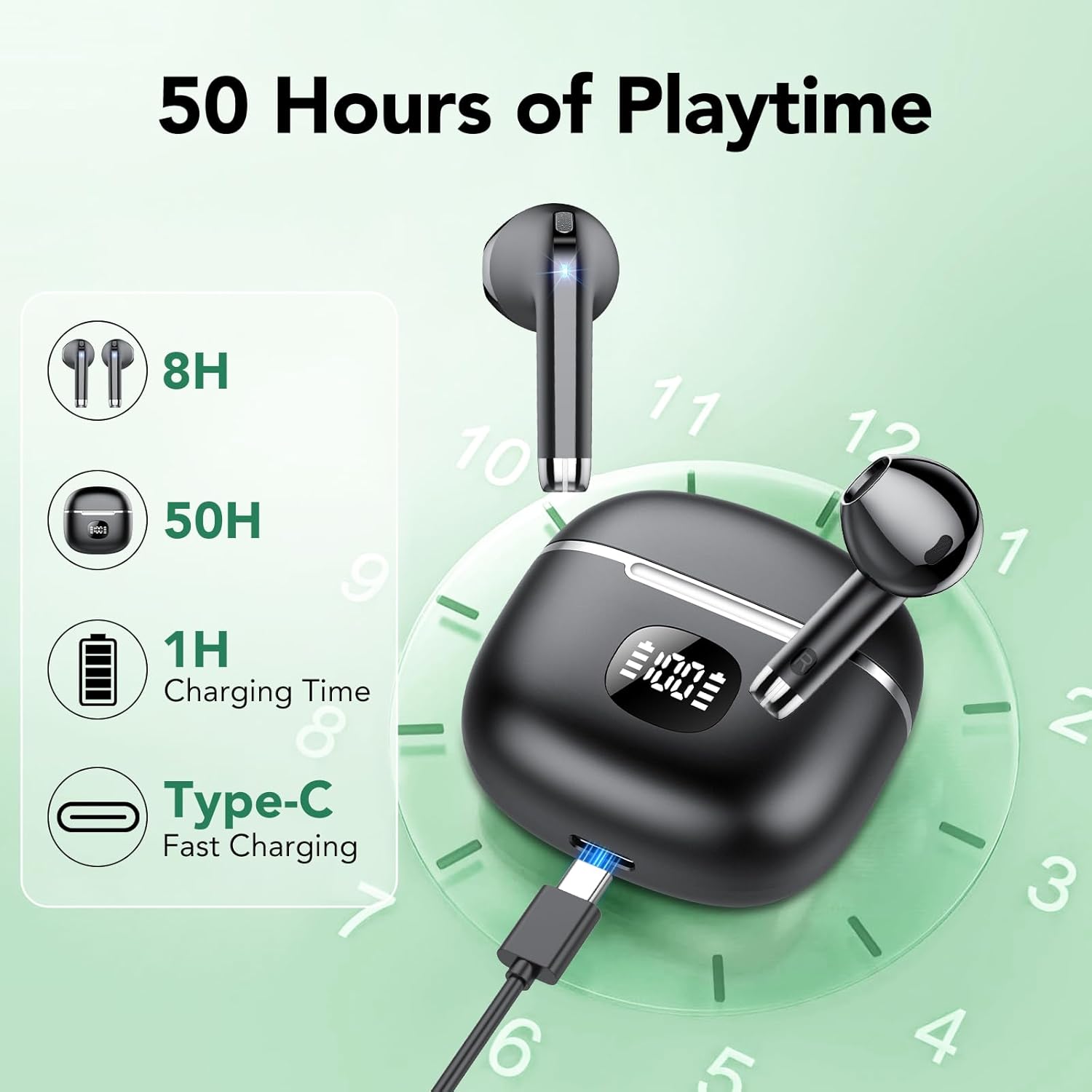 Wireless Earbuds, Bluetooth Headphones 5.3, 50H Playtime LED Display Deep Bass Ear Buds with 4 ENC Noise Cancelling Mic, IP7 Waterproof in-Ear Earphones for Phone Tablet Laptop Sports - Image 3