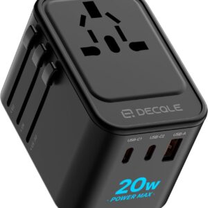 Universal Travel Adapter, International Travel Plug Adapter with 2 USB-C(PD 20W) ＆ 1 USB-A Ports, All in One Portable Adaptor, for USA, UK, EU, AU ＆ 224+ Countries (Black) US