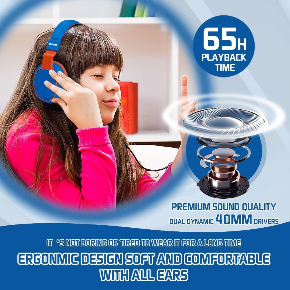 MIDOLA Kids Headphones Bluetooth 5.3 Wireless 60H Play Time Volume Limited 85/110dB Over Ear Foldable Protection Headset/Wired Aux Built-in Mic for Boy Girl Travel School Pad Tablet Blue - Image 4