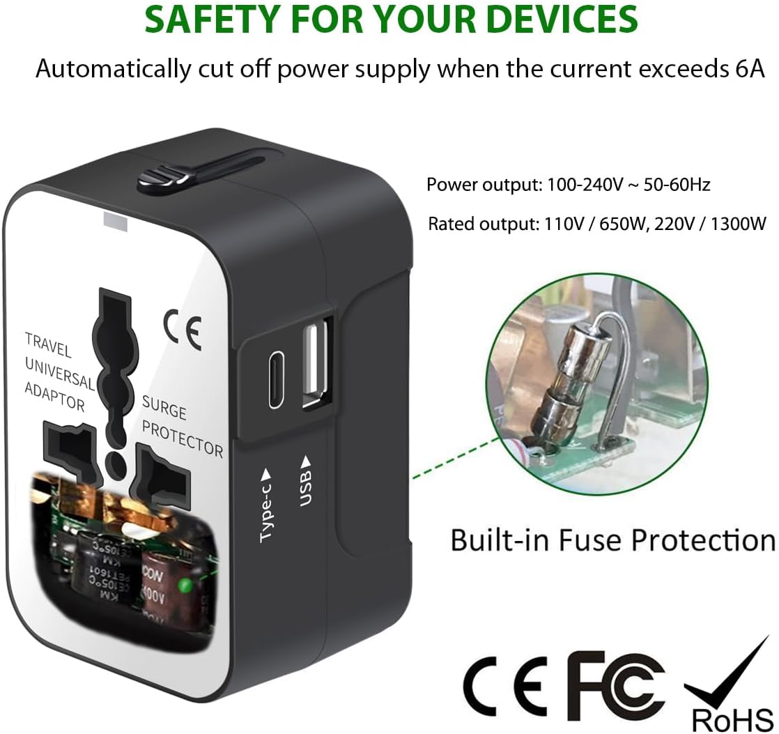 Travel Adapter, Worldwide All in One Universal Travel Adapter Wall Charger AC Power Plug Adapter with USB Type C Charging Ports for USA EU UK AUS, White - Image 5