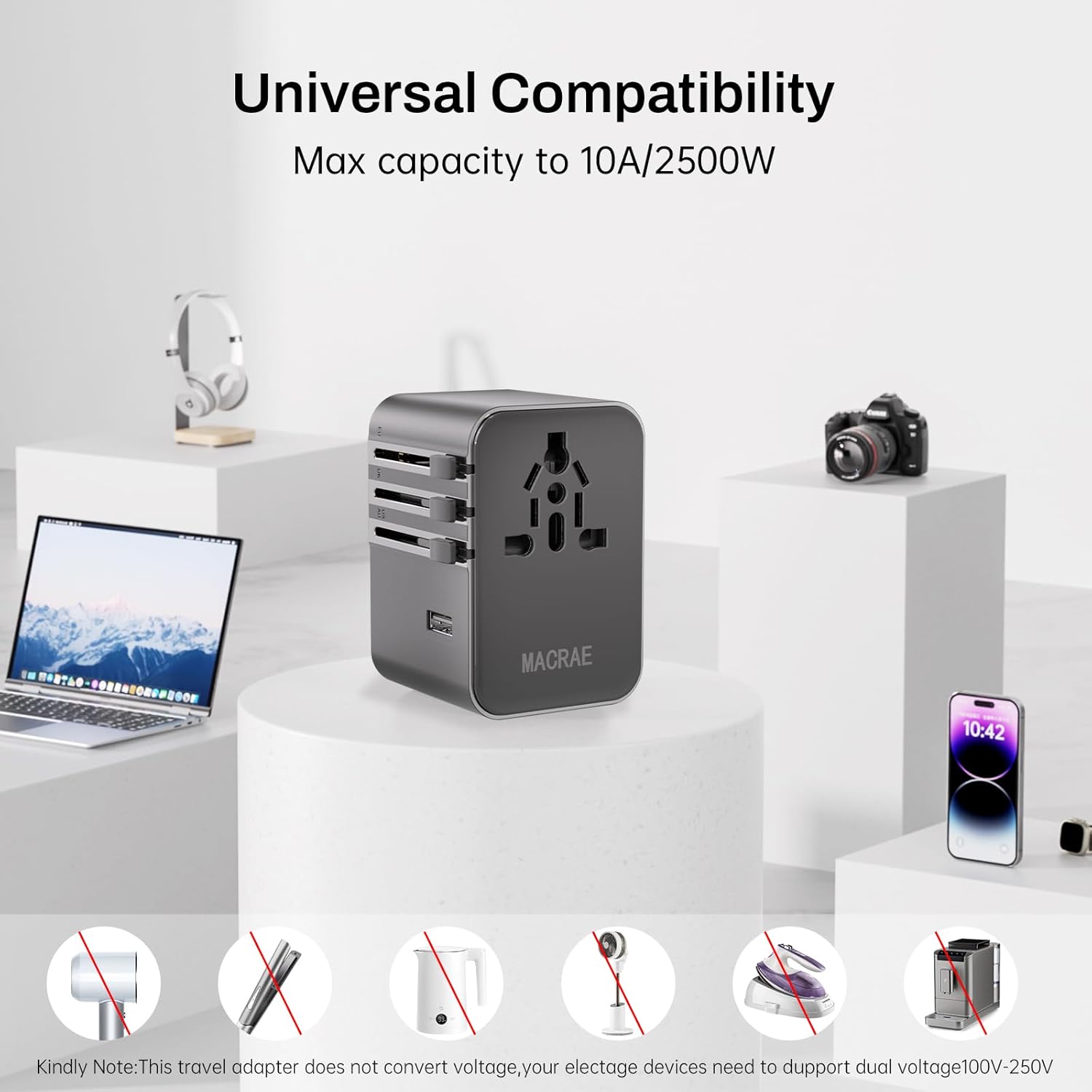 Universal Travel Adapter Worldwide with 3 USB C and 2 USB A Ports, MACRAE Universal European Plug Adaptor US to World, International Power Adapter for EU, USA, UK, Australia, Thailand, India etc - Image 4
