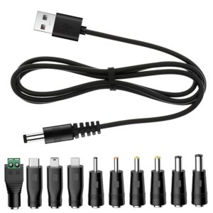 Universal Charger Power Core, 5V USB to DC 5.5x2.1mm, Charging Cable with 10 Connectors (Micro-USB, Type-C, Mini USB, 2.5x0.7, 3.0x1.1, 3.5x1.35, 4.0x1.7, 4.8x1.7, 5.5x2.5), 3.3FT