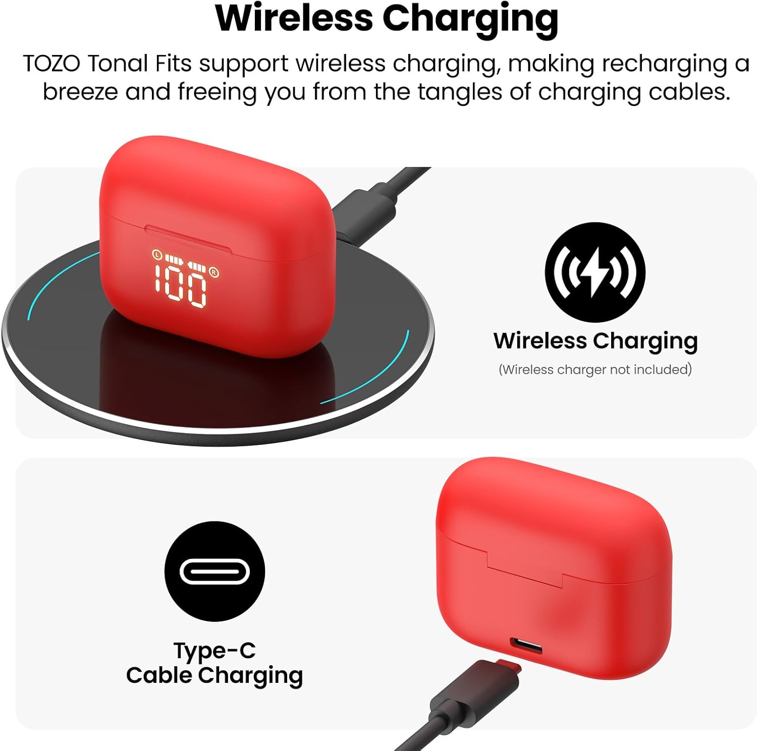 TOZO T21 Wireless Earbuds Bluetooth 5.3 in Ear Headphones Dual Mic Call Noise Cancelling IPX8 Waterproof 44H Playback Stereo Sound with LED Display Wireless Charging Case 32 EQs via APP Red - Image 7