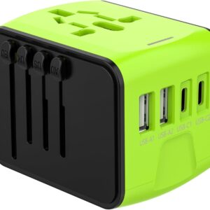 JMFONE International Travel Adapter 2 USB-C & 2 USB-A Ports and Multi AC Sockets,Universal Power Adapter Worldwide All in One High Speed 2.4A 4 USB Perfect for 200+ Countries (Green)