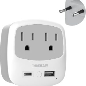 European Travel Plug Adapter, TESSAN Type C Adaptor with 2 Electrical Outlets 2 USB Ports (1 USB C), EU Power Converter for US to Most of Europe Iceland Spain Italy France Germany Greece