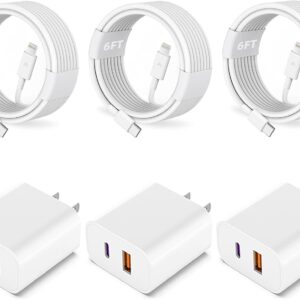 iPhone Charger, iPhone 14 Charger Fast Charging, 3Pack 20W PD USB C+QC3.0 USB A Dual Port USB C Wall Charger with 6FT USB C to Lightning Cable Compatible with iPhone 14/13/12/Pro/Pro Max/XS/X and More