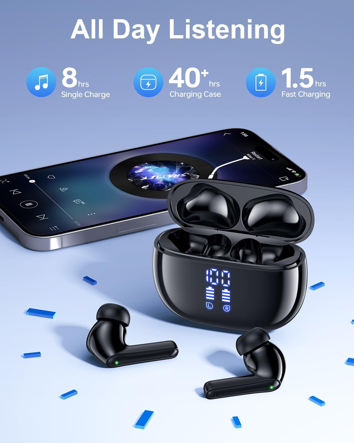 Wireless Earbuds Bluetooth Headphones, Ear Buds with Deep Bass, 40H Long Playtime, Power Display, IPX7 Waterproof in Ear Earphone with Mic for Phone Tablet Sports Workout, Black - Image 5