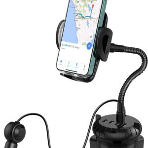 4-Port USB Car Charger with Cup Holder Phone Mount, Rapid Multi Ports Car Charger, Car Phone Mount with Adjustable Gooseneck Rotatable Holder for Smartphones (4-Port USB Car Charger)