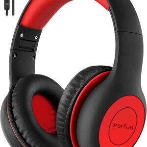 EarFun Kids Headphones Wired with Microphone, 85/94dB Volume Limit Portable Headphones for Kids with Shareport, Stereo Sound Foldable Headset for School/Tablet/iPad/Kindle, Black Red