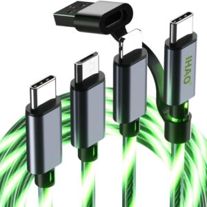 IHAO Multi Ports Charger 6 Combinations in One Cable USB A/Type C to USB C/Micro USB PD Fast Charging Cord Lighted Up LED Flowing Compatible with All Kinds of Electric Device-6in1 Green LED Light
