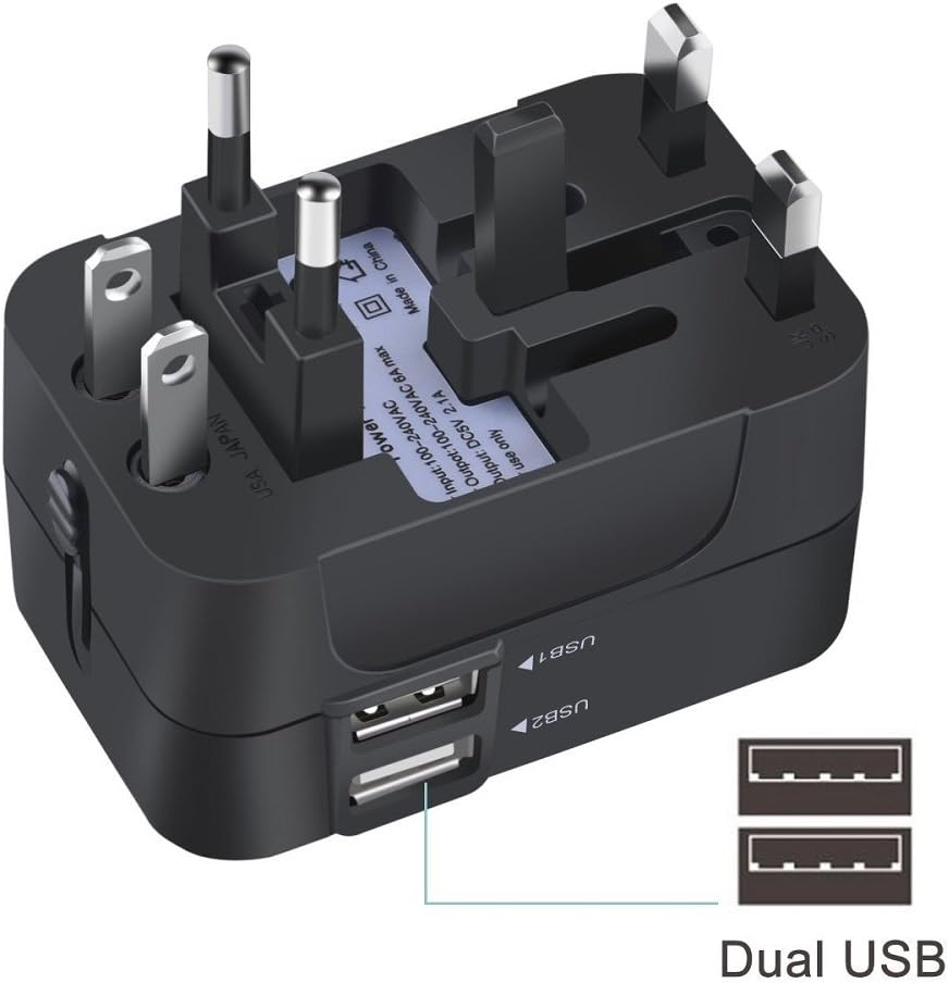 Travel Adapter, JOOMFEEN Worldwide All in One Universal Power Wall Charger AC Power Plug Adapter with Dual USB Charging Ports for USA EU UK AUS Cell Phone Laptop (Black) - Image 4