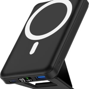 podoru for Magsafe Battery Pack, Foldable 10000mAh Magnetic Power Bank with USB-C Cable LED Display 22.5W PD Fast Charging Wireless Portable Charger for iPhone 16/15/14/13/12 Series-Black
