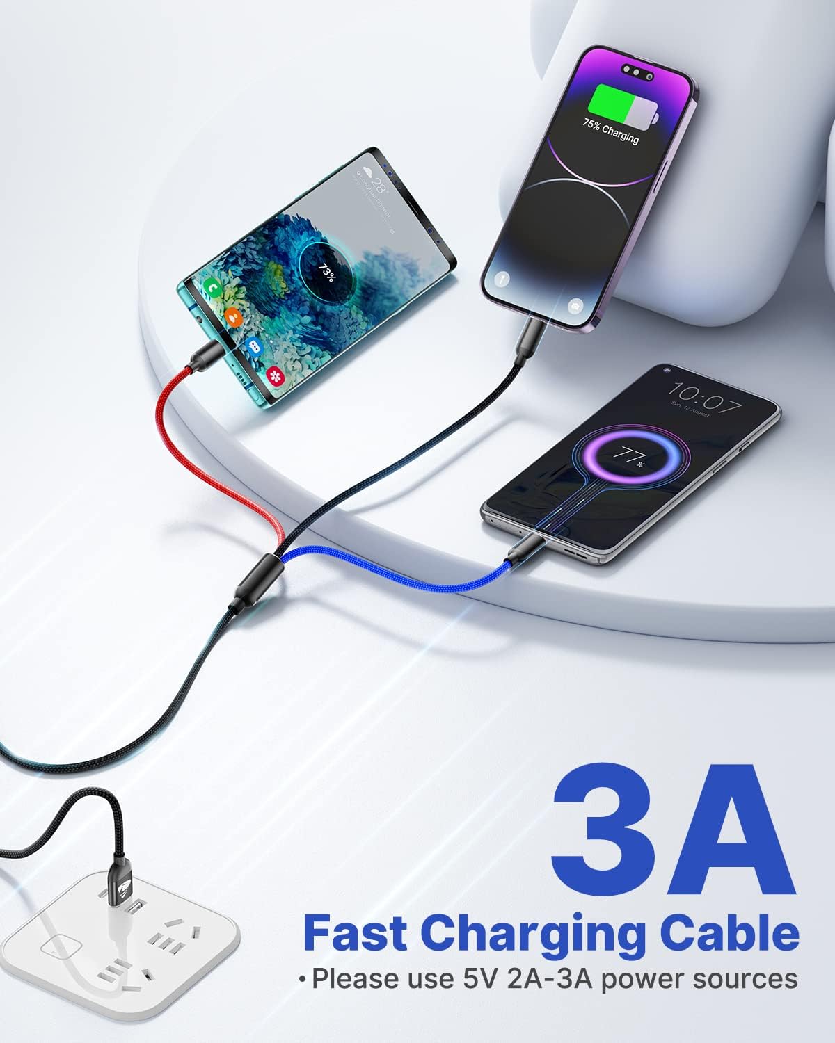 Aioneus Multi Charging Cable, Multi Charger Cable Nylon Braided 3 in 1 Charging Cable Multi USB Cable Fast Charging Cord with Type-C, Micro USB and IP Port, Compatible with Most Phones & iPads - Image 2