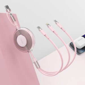 USB C Retractable Multi 5-in-1 USB A/Type C to Lightnning+USB C+Micro iPhone Charging Cable,100W+27W+10W PD Fast Multiple Charger Cord for iPhone 15 14 13 12/Samsung S23/iPad Pro/MacBook-Pink
