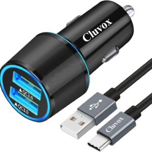 Fast USB Car Charger for Samsung Galaxy A55/A54/A53/A50/A15/A14/S24/S23/S22/S21 Plus/Ultra/S20 FE/S10/S9/S8/Note 20/A10S/A21/A31/A51 Quick Charge 3.0 Dual USB Rapid Car Charger with Type C Cable 3.3ft
