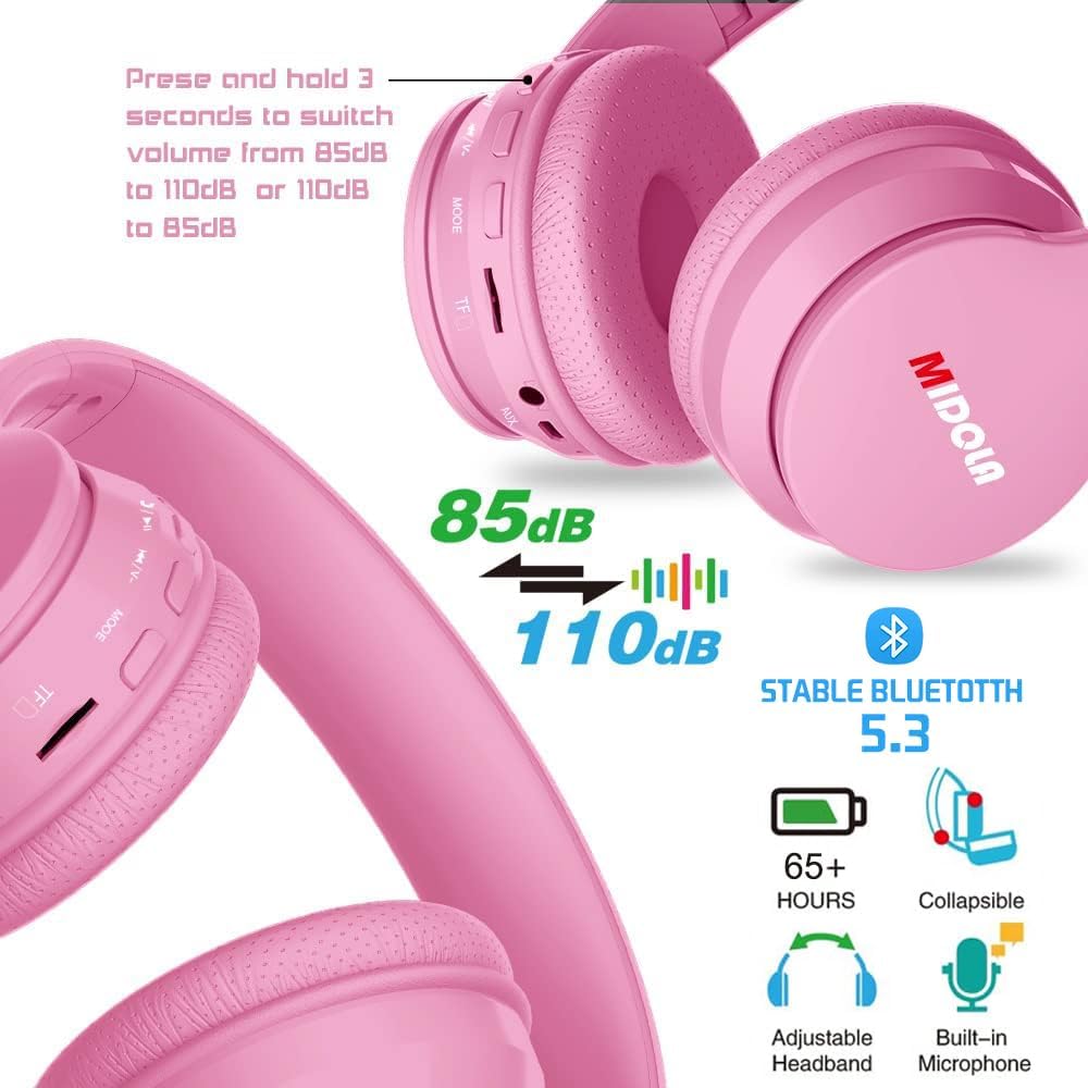 MIDOLA Kids Headphones Bluetooth 5.3 Wireless 60H Play Time Volume Limit 85/110dB Over Ear Foldable Protection Headset/Wired AUX Cord Mic for Children Boy Girl Travel School Phone Pad Tablet Pink - Image 5