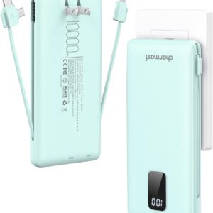 Charmast Portable Charger with Built-in Cables and Plug, 10000mAh USB C Power Bank Fast Charging 15W, External Battery Pack Slim, Travel Essentials Compatible with 16 15 14 13, Samsung Galaxy, iPad