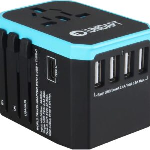 Unidapt Universal Travel Adapter One International Wall Charger AC Plug Adaptor with 5.6A Smart Power and 3.0A USB Type-C for USA EU UK AUS (UA-101, Blue)