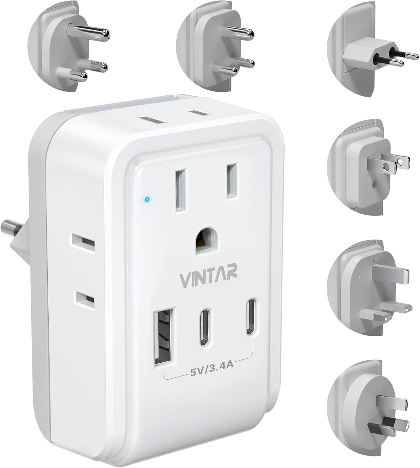 VINTAR Universal Travel Adapter Kit, International Power Adapter with 3 USB Ports (2 USB C) & 4 AC Outlets, Type A,C,G,D,I,M Swap&Adapt Attachments, Travel Adapter Worldwide for US/EU/UK/India/Africa