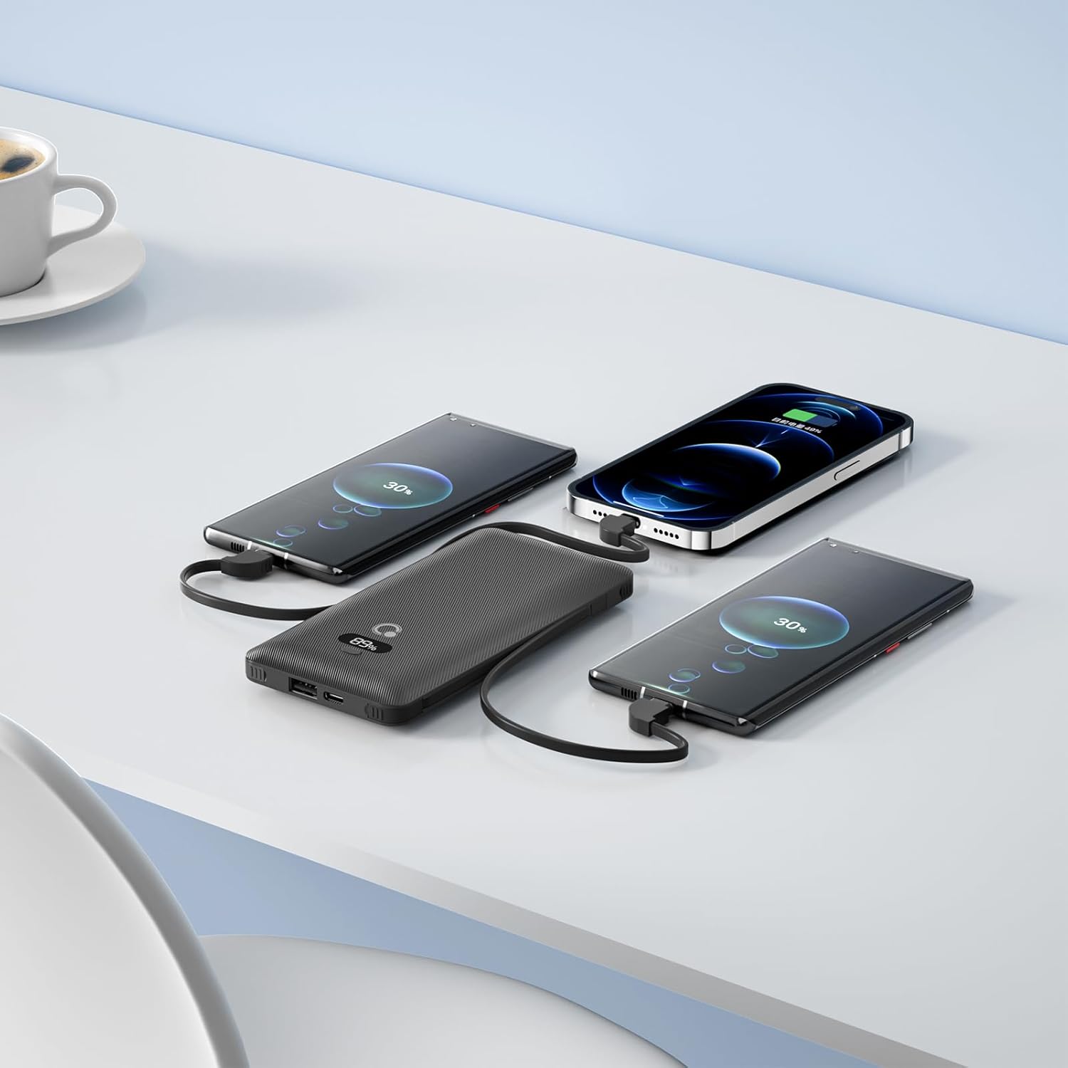 10000mAh Portable Charger with Built-in Cables and AC Wall Plug, USB C Fast Charging Power Bank with 3 Cords,5 Output External Battery Pack Compatible with iPhone,Tablet and All Smart Phones Black - Image 2