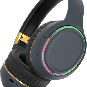 Bluetooth Headphones with RGB Lights, Foldable Wireless Over-Ear Headphones with Hidden Mic for Cell Phone, PC, Laptop, Suitable for Music, School, Workouts, and Gaming (Blue)