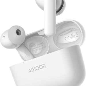 AIHOOR Wireless Earbuds for Music and Sports, Bluetooth 5.3 in-Ear Headphones with Extra Bass, Built-in Mic, Touch Control, USB Charging Case, 30hr Battery Earphones (High Gloss White)