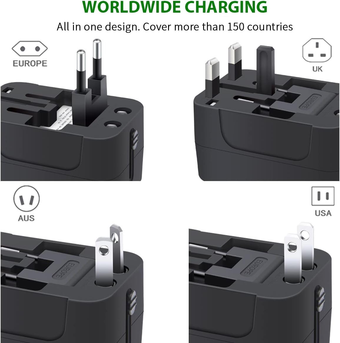 Travel Adapter, Worldwide All in One Universal Travel Adapter Wall Charger AC Power Plug Adapter with USB Type C Charging Ports for USA EU UK AUS, White - Image 6