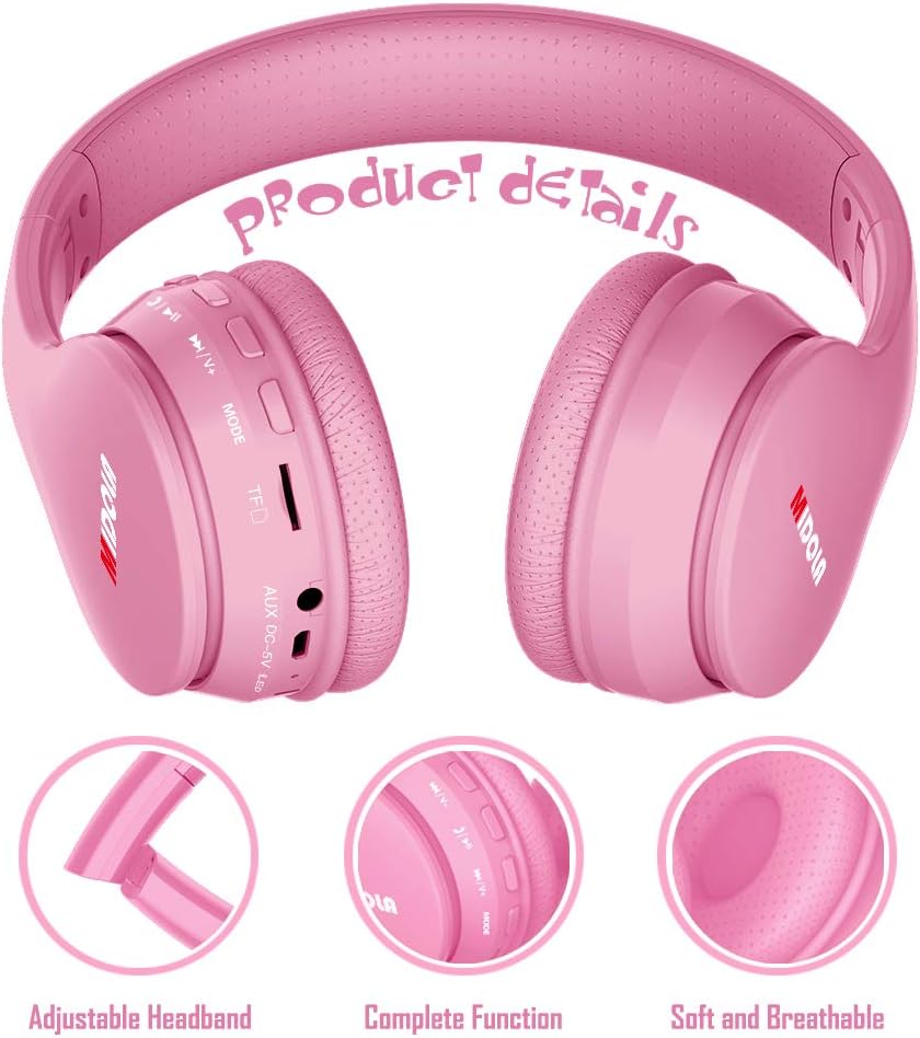 MIDOLA Kids Headphones Bluetooth 5.3 Wireless 60H Play Time Volume Limit 85/110dB Over Ear Foldable Protection Headset/Wired AUX Cord Mic for Children Boy Girl Travel School Phone Pad Tablet Pink - Image 9