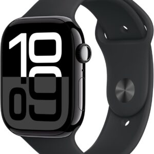 Apple Watch Series 10 [GPS 46mm case] Smartwatch with Jet Black Aluminium Case with Black Sport Band - S/M. Fitness Tracker, ECG App, Always-On Retina Display, Water Resistant