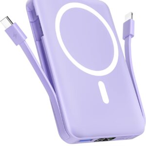 podoru for Magsafe Battery Pack, 10000mAh Magnetic Power Bank Built-in USB-C Lighting Cables 22.5W PD Fast Charging LED Display Wireless Portable Charger for iPhone 16/15/14/13/12/Pro/Pro Max-Purple