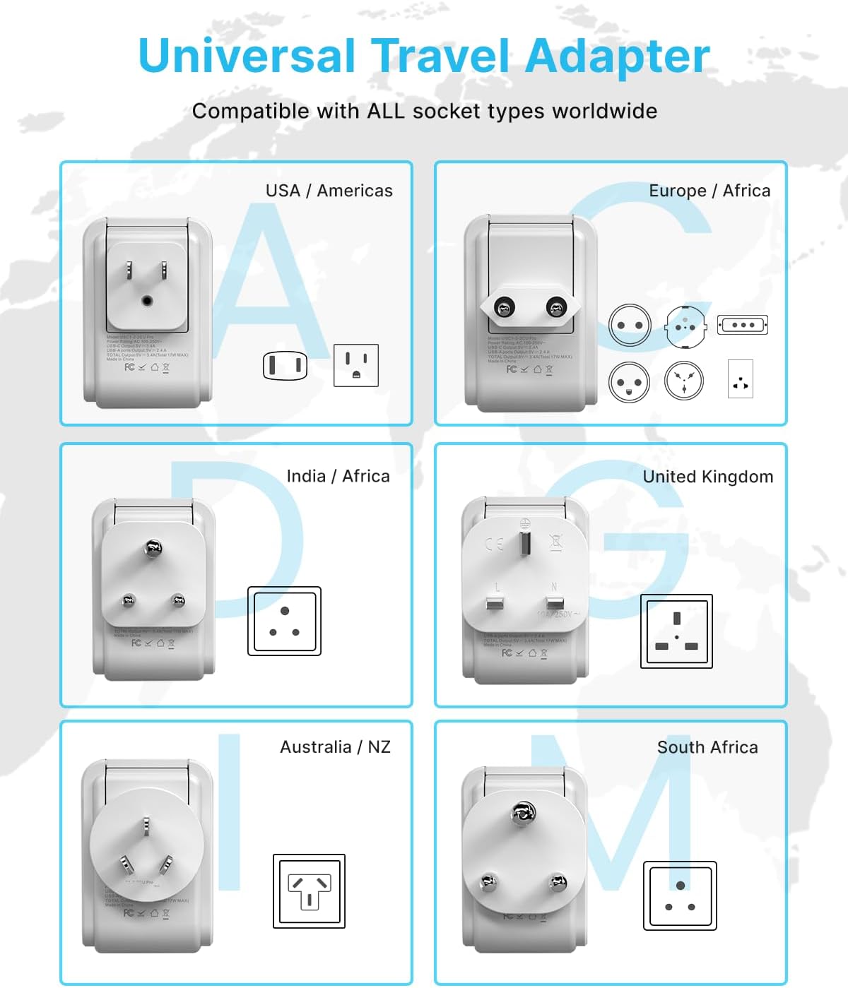 VINTAR Universal Travel Adapter Kit, International Power Adapter with 3 USB Ports (2 USB C) & 4 AC Outlets, Type A,C,G,D,I,M Swap&Adapt Attachments, Travel Adapter Worldwide for US/EU/UK/India/Africa - Image 3
