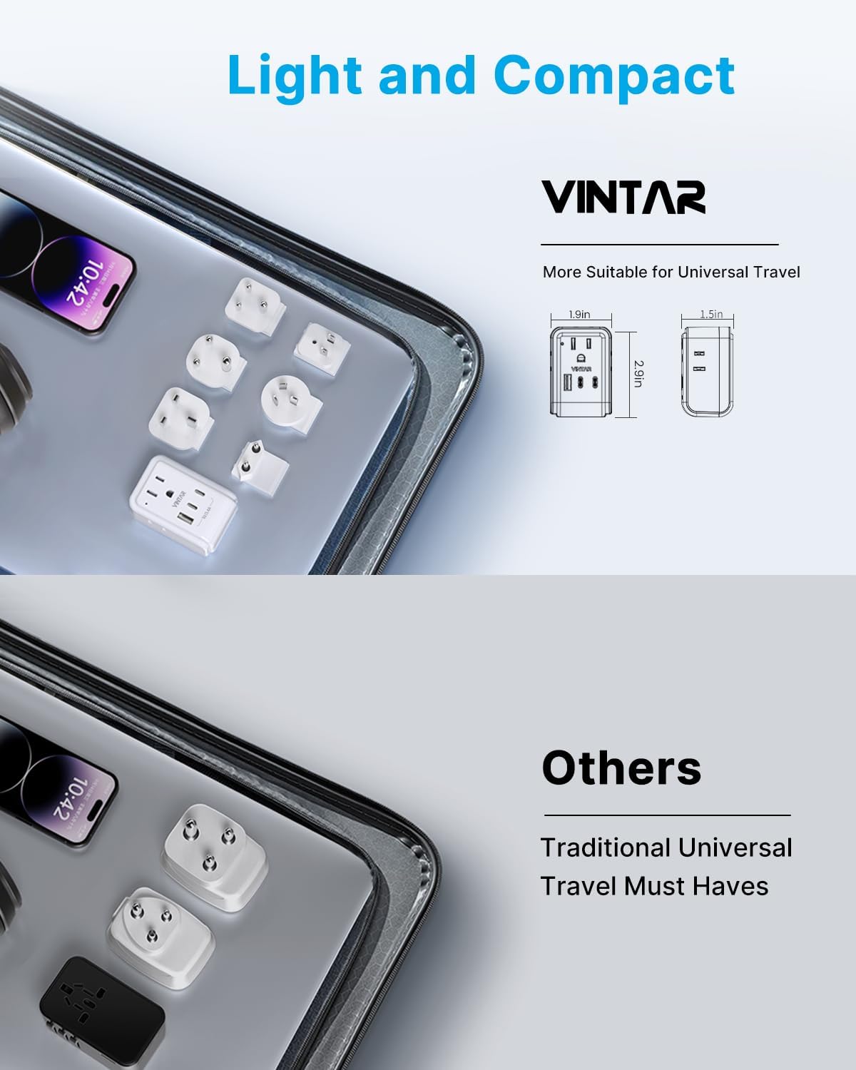 VINTAR Universal Travel Adapter Kit, International Power Adapter with 3 USB Ports (2 USB C) & 4 AC Outlets, Type A,C,G,D,I,M Swap&Adapt Attachments, Travel Adapter Worldwide for US/EU/UK/India/Africa - Image 6