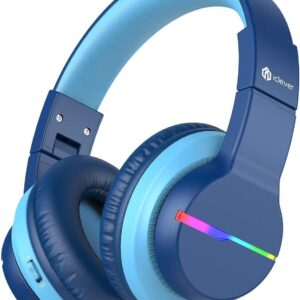 iClever BTH12 Kids Bluetooth Headphones,Colorful LED Lights Wireless Kids Headphones,74/85dBA Safe Volume,85H Playtime,Bluetooth 5.2,Over Ear Headphones Built-in Mic for iPad/Tablet/Airplane,Blue