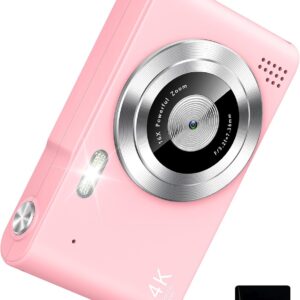 Digital Camera, UHD 4K Kids Camera, 48MP Point and Shoot Digital Cameras with 64GB SD Card and 16X Digital Zoom Anti Shake, Compact Portable Small Gift Camera for Kids Boys Girls Students, Pink