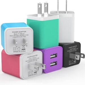 6Pack USB Wall Charger, iGENJUN 2.4A Dual USB Port Cube Power Plug Adapter Fast Phone Charger Block Charging Box Brick for iPhone 16/16 Pro/16 Pro Max/15, Samsung Galaxy, Pixel, LG, Android-Colorful