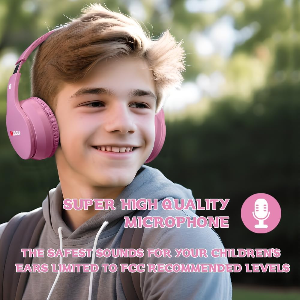MIDOLA Kids Headphones Bluetooth 5.3 Wireless 60H Play Time Volume Limit 85/110dB Over Ear Foldable Protection Headset/Wired AUX Cord Mic for Children Boy Girl Travel School Phone Pad Tablet Pink - Image 4