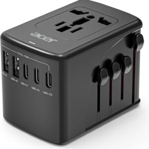 Acer Universal Travel Adapter, International Power Adapter with 5.8A Output, Baby-Proof Wall Charger with 3.0A Type-C & 2.4A USB Ports, Powerful & Safe Travel AC Plug Adapter for Europe,UK,US,AUS