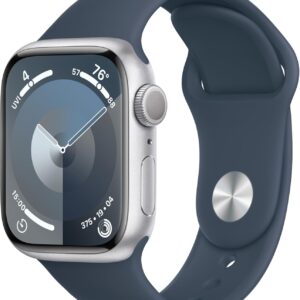 Apple Watch Series 9 [GPS 41mm] Smartwatch with Silver Aluminum Case with Storm Blue Sport Band S/M. Fitness Tracker, ECG Apps, Always-On Retina Display, Water Resistant