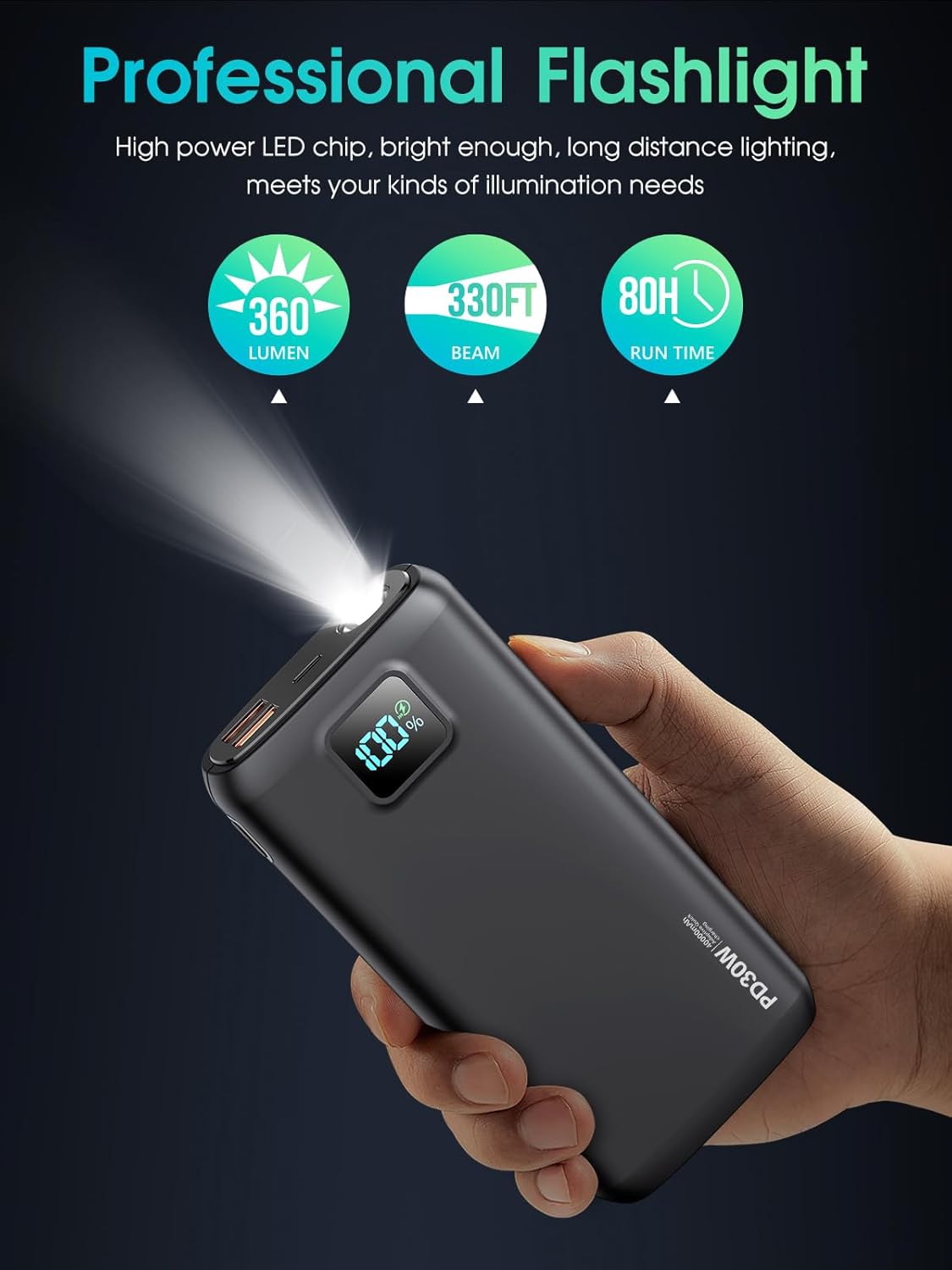 Portable-Charger-Power-Bank - 40000mAh Power Bank PD 30W and QC 4.0 Quick Charging Built-in Bright flashlight LED Display 2 USB 1Type-C Output for Most Electronic Devices on The Market(Carbon Black) - Image 5