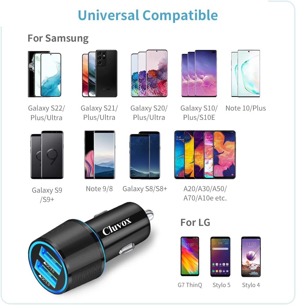 Fast USB Car Charger for Samsung Galaxy A55/A54/A53/A50/A15/A14/S24/S23/S22/S21 Plus/Ultra/S20 FE/S10/S9/S8/Note 20/A10S/A21/A31/A51 Quick Charge 3.0 Dual USB Rapid Car Charger with Type C Cable 3.3ft - Image 4