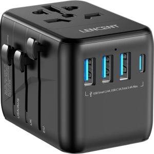 LENCENT Universal Travel Adapter, International Charger 3 USB Ports & Type-C Charging Adaptor Cellphones,Laptop, All in One Travel Plug Adapter Over 200 Countries (USA UK EU AUS) (Black) 651FC