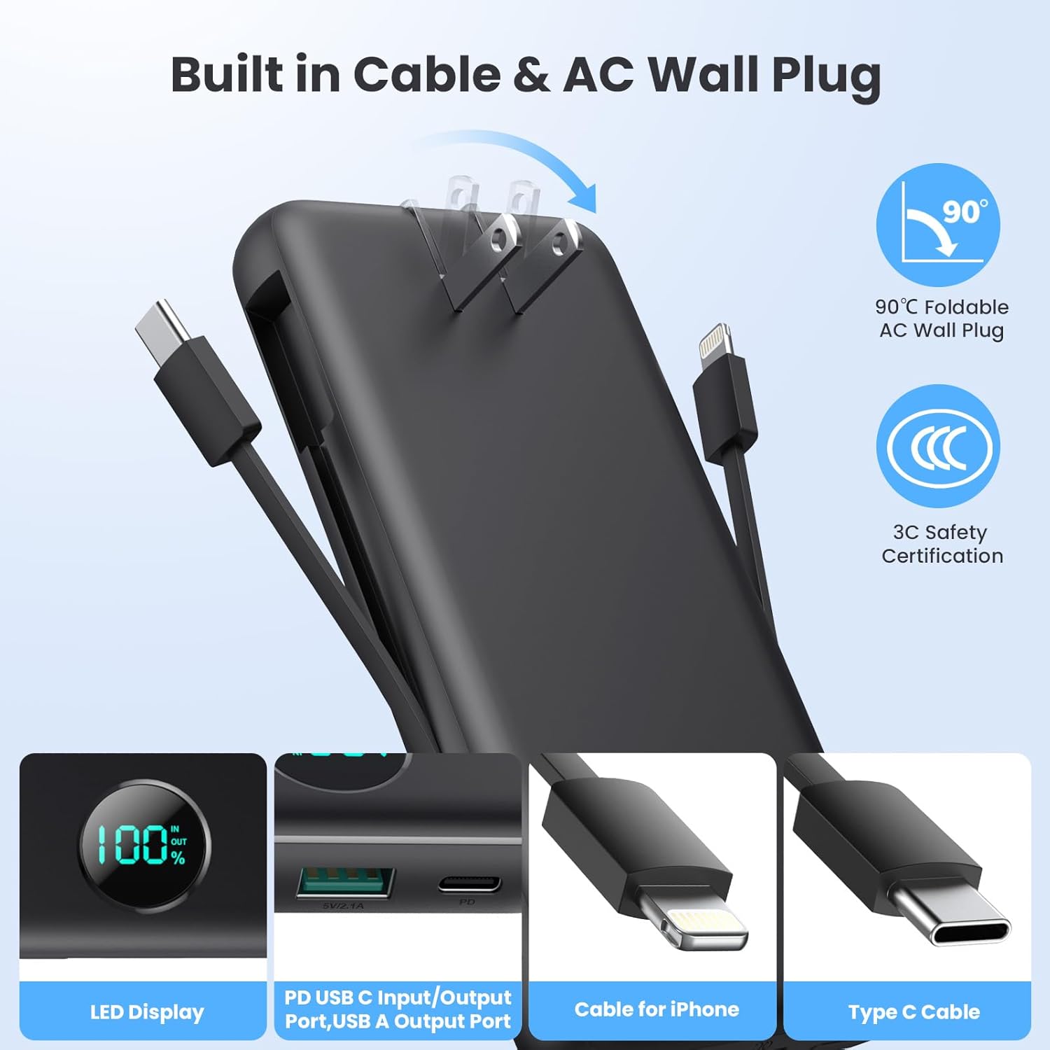 Portable Charger USB C Power Bank with 2 Built in Cables & AC Wall Plug,13800mAh Portable Battery Pack Fast Charging Compact LED Display Universal Compatible with iPhone 16/15,Galaxy S23,Tablets etc - Image 2