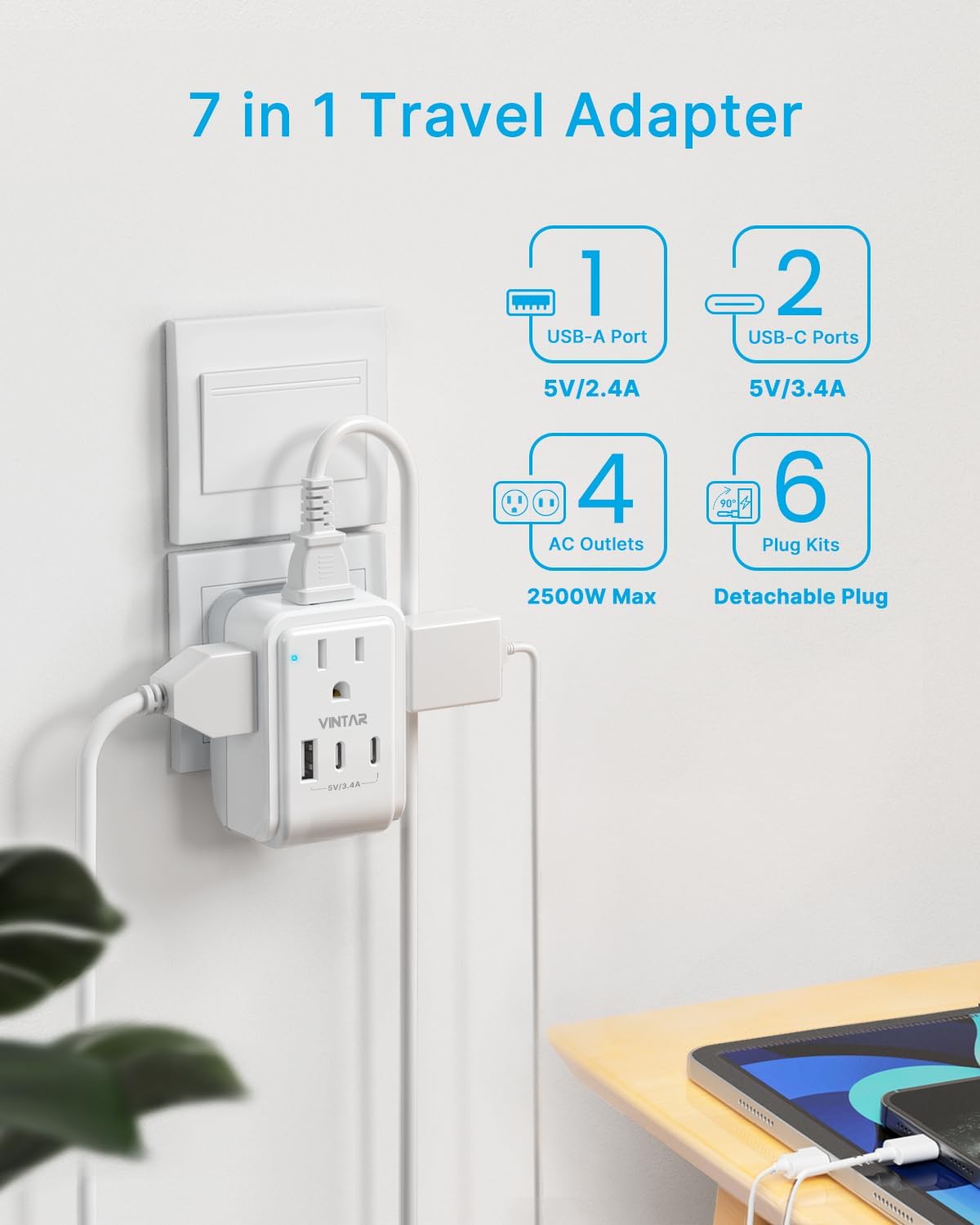 VINTAR Universal Travel Adapter Kit, International Power Adapter with 3 USB Ports (2 USB C) & 4 AC Outlets, Type A,C,G,D,I,M Swap&Adapt Attachments, Travel Adapter Worldwide for US/EU/UK/India/Africa - Image 5