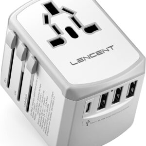 LENCENT Universal Travel Adapter, International Charger with 3 USB Ports and Type-C PD Fast Charging Adaptor for iPhone, Samsung, Tablet, Gopro. for Over 200 Countries (White)