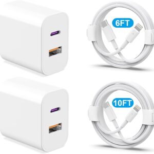 Phone Charger 2 Pack 20W Dual Port QC + PD 3.0 Power Adapter Fast Wall Charger Block with 6FT&10FT Super Fast Charger Cable for iPhone 14 13 12 11 Pro Max XR XS X,iPad More