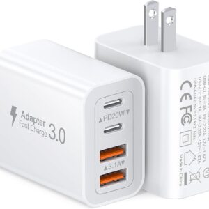 40W USB C Charger Cube, 2-Pack Wall Plug Fast Charging Block, 4-Port PD+QC Power Adapter Multiport Brick Type C Box for iPhone 16/15/14/13/12/11/Pro Max/XS/XR/8/7, Tablets, Cellphones