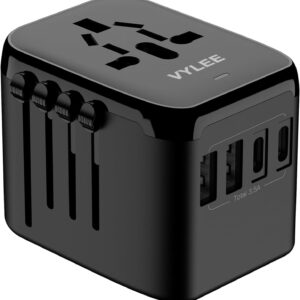 Universal International Power Travel Plug Adapter, 5 in 1 European Travel Plug Adapter W/ 3.5A 2xUSB-A and 2xUSB C Wall Charger and Worldwide AC Outlet for Europe USA UK AUS Asia (Black)