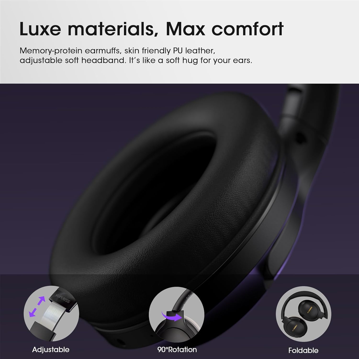Bluetooth Headphones Over Ear, 80H Playtime Wireless Headphone with 3 EQ Modes, Built-in Mic, Deep Bass, HiFi Stereo Foldable Wireless Headset for iPhone PC Travel Workout Office (Black) - Image 7