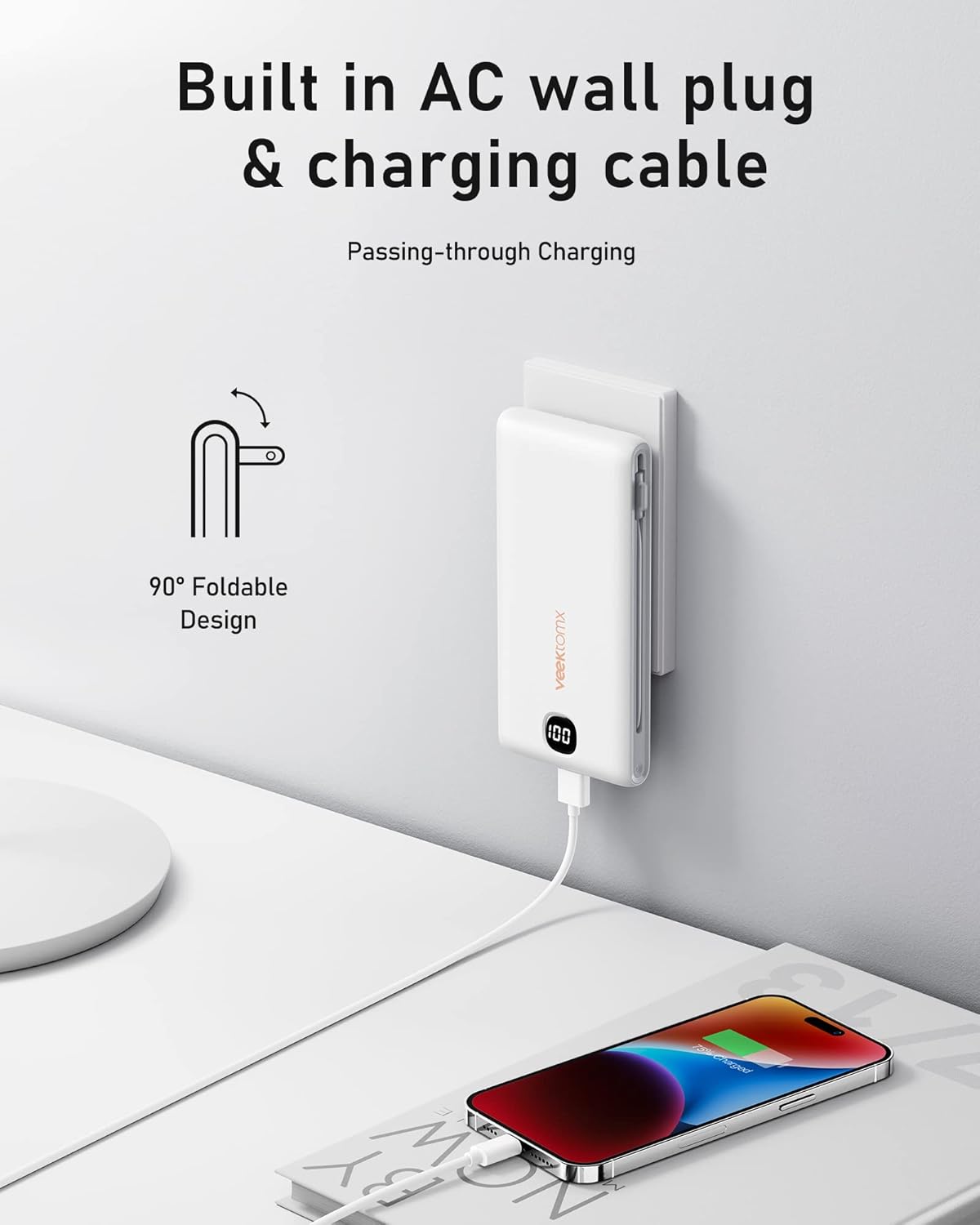 VEEKTOMX Portable Charger with Built in Cables 10000mAh, Power Bank for iPhone with Wall Plug, Travel Essential Fast Charging USB C Slim External Battery Pack for iPhone16/15/14, Samsung, iPad, etc - Image 2